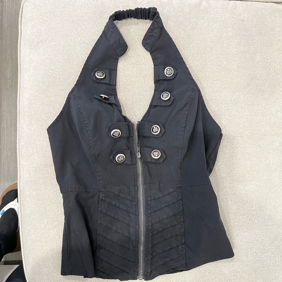 Black zip front backless halter top. military button details. Stretch fabric. - Picture 11 of 16